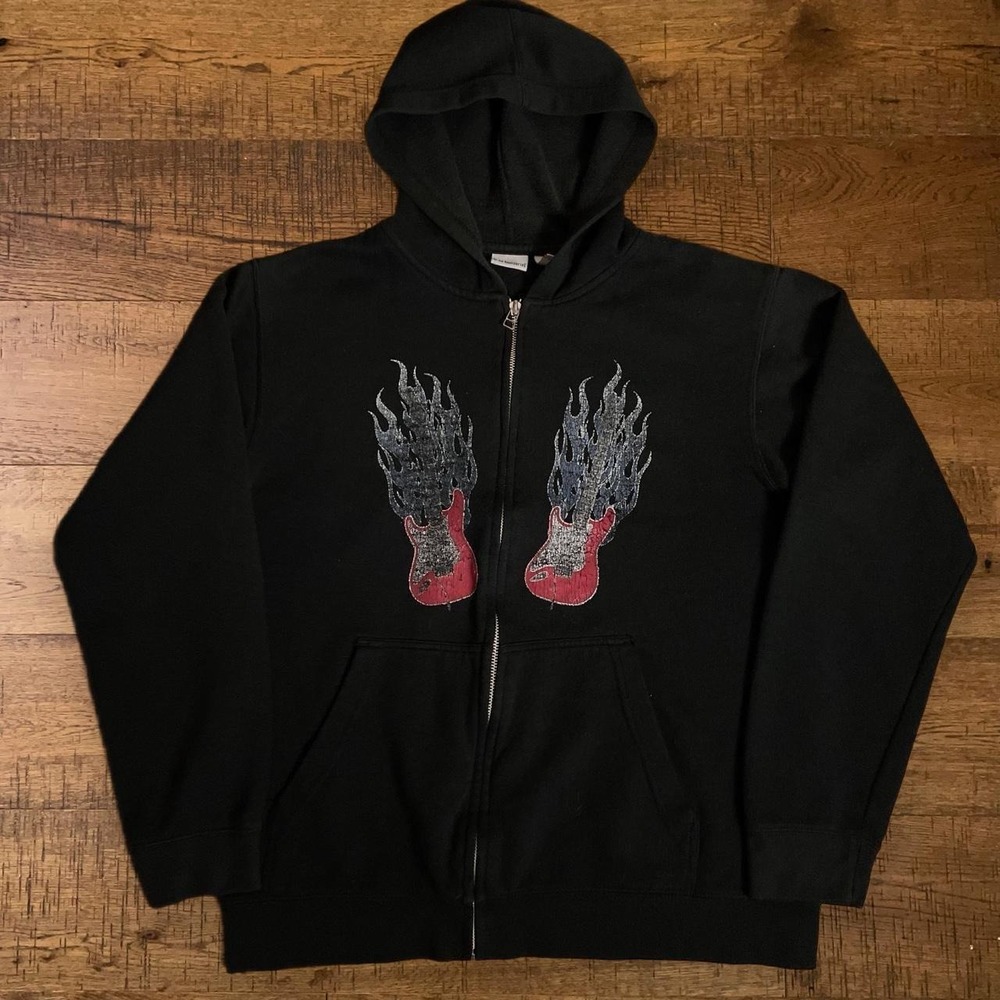 No Boundaries Zip Up Hoodie Womens M Black Grunge Y2K Flaming Guitar Graphic